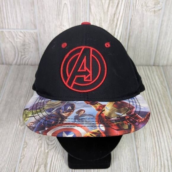 Marvel Comic Logo Avengers Bill Print Snapback Adjustable Baseball Cap Black Red - Picture 1 of 7